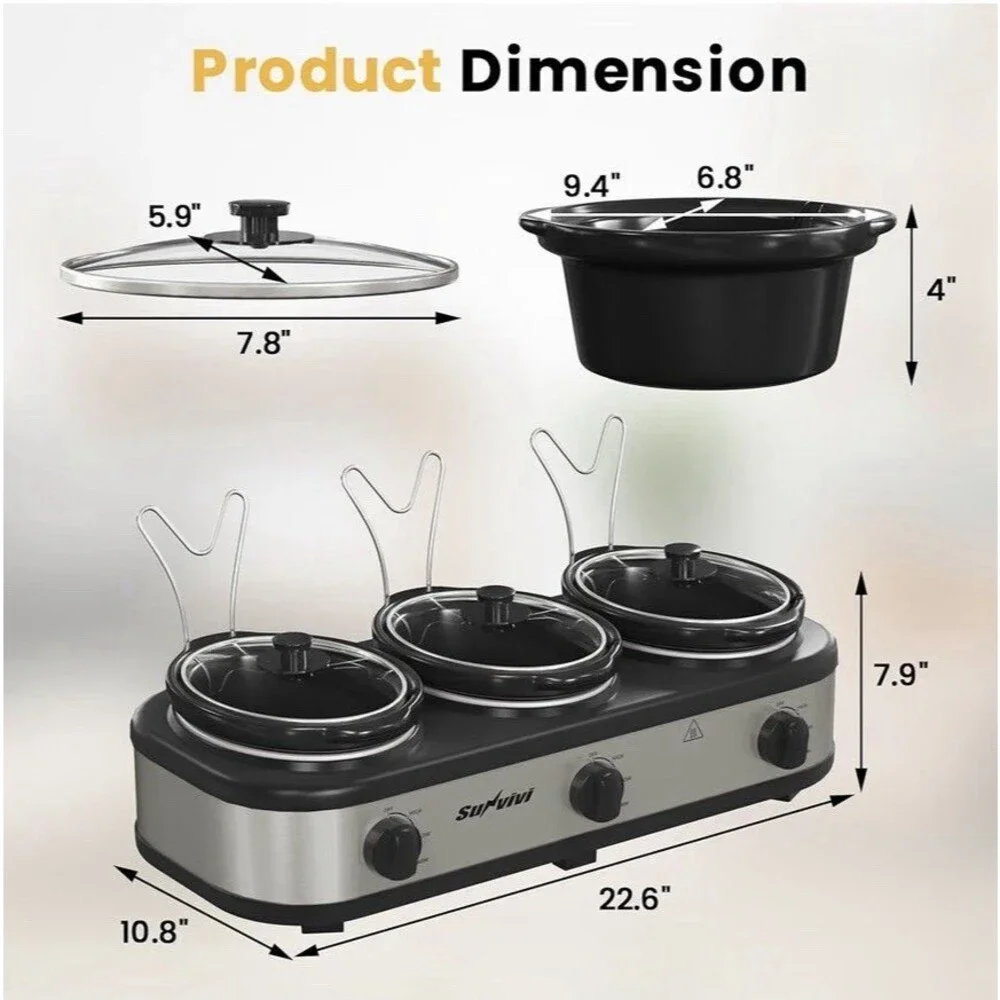 Triple Slow Cooker, Buffet Server and Food Warmer, Small Mini Pot with 3 Adjusta